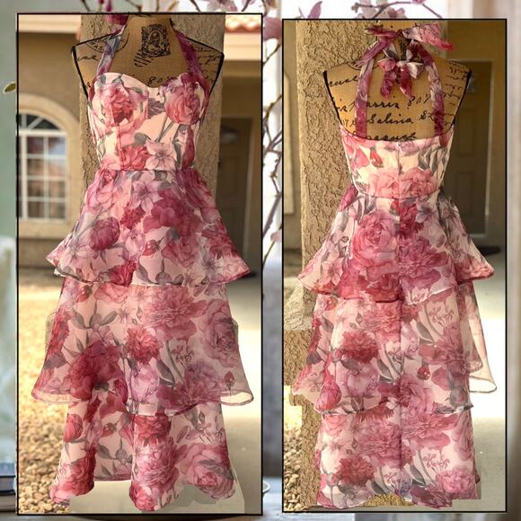 Lulus Blush Floral Organza Tie-Strap Tiered Playfully Posh Midi Dress SIze L - Picture 5 of 13